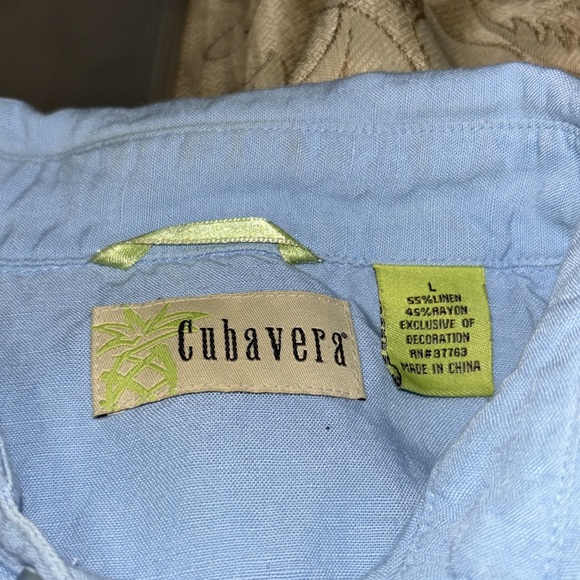 Cubavera Button Up Shirt Blue Linen Blend Blue Embroidery Guayabera Large Men - Picture 9 of 10